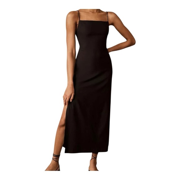 BHLDN Black Sheath Midi Dress with Slit - Picture 1 of 9